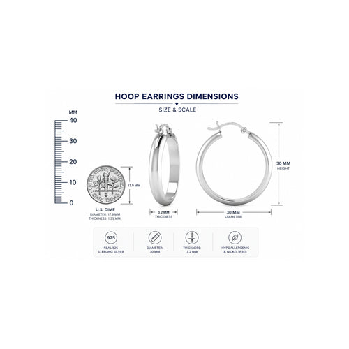 925 Sterling Silver Hoop Earrings 30mm, Classic Medium Silver Hoop Earrings for Women, Lightweight Hypoallergenic Everyday Jewelry